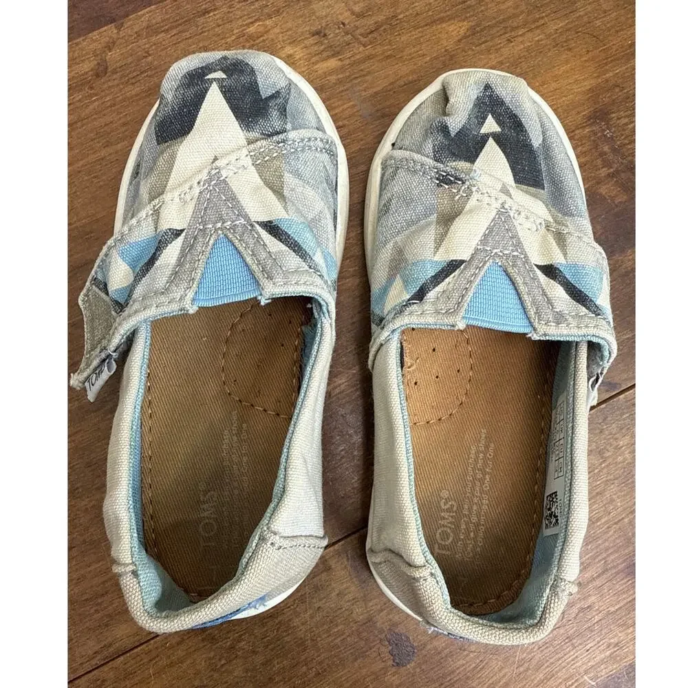 TOMS Alpargata Slip-On Shoe Geometric Blue Gray & Tan Print Toddler Size 7